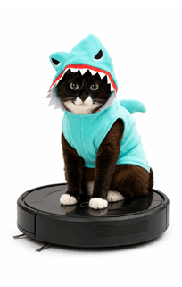 Poes op een robotstofzuiger
